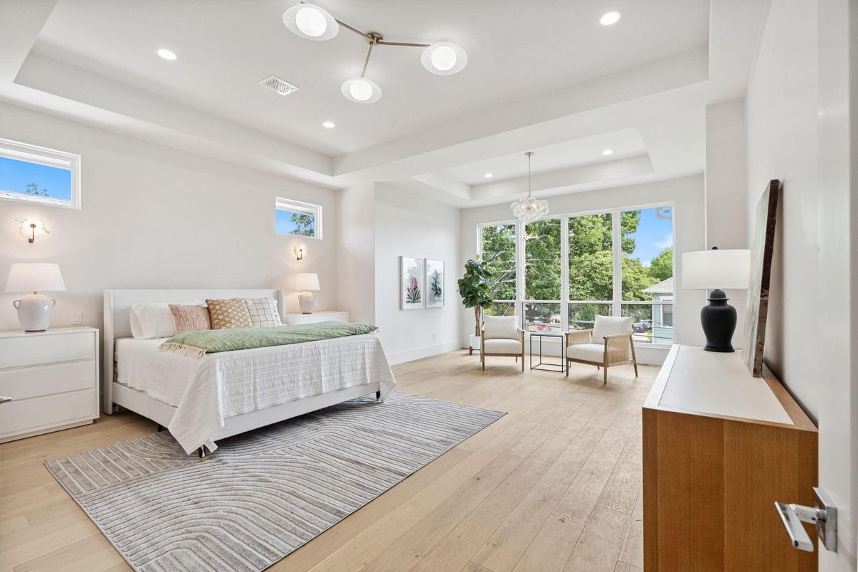 Bedroom, Interior, Pendant Lights, Recessed Lighting, Wood Texture Flooring