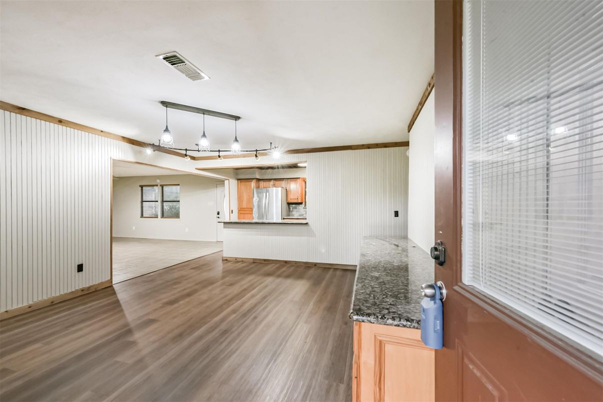 Empty room, Interior, Kitchen, Pendant Lights, Wood Texture Flooring