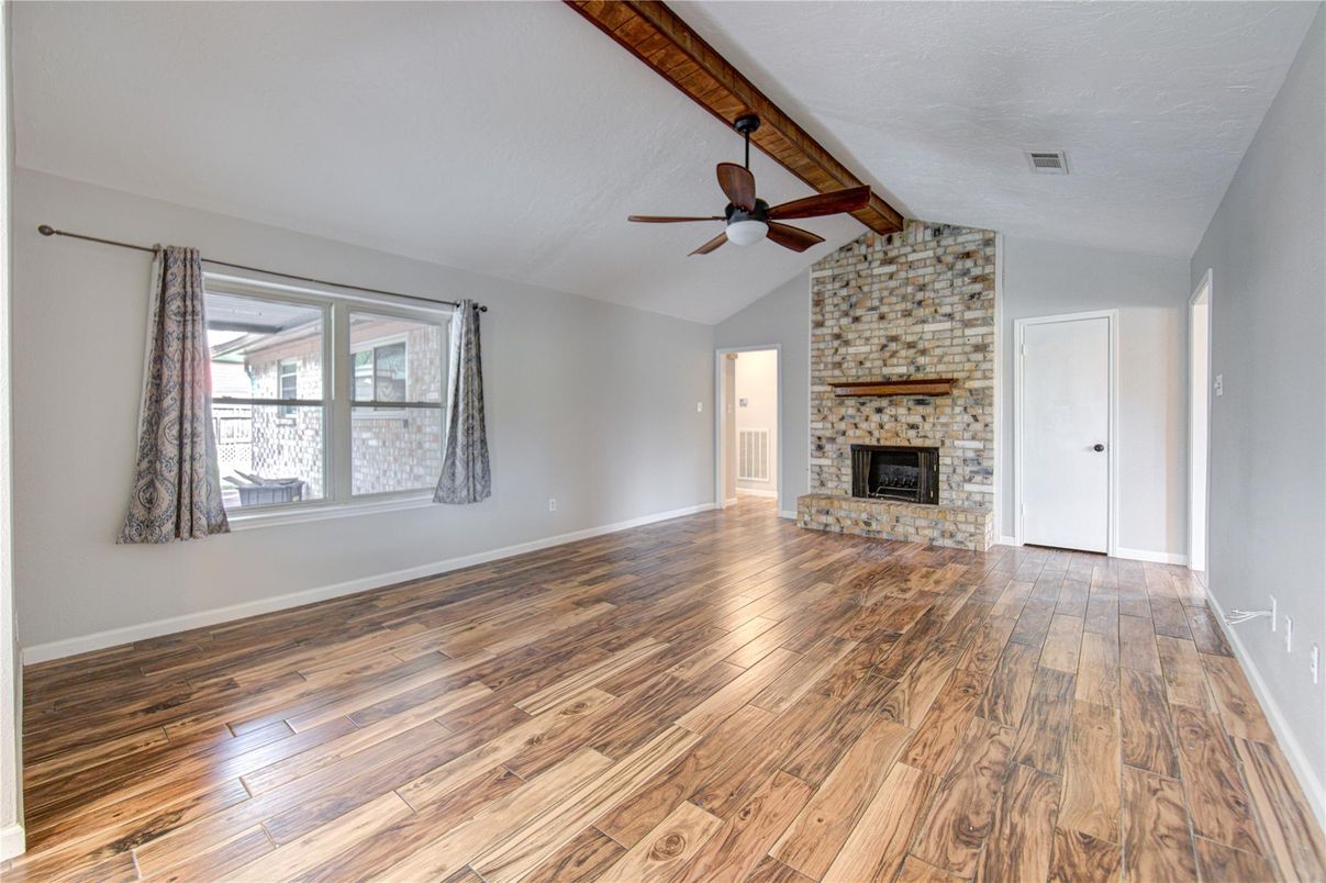 Empty room, Fireplace, Interior, Stone Walls, Wood Texture Flooring