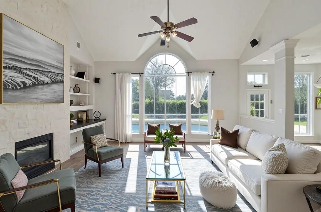 Fireplace, Interior, Living room, Recessed Lighting, Water, Wood Texture Flooring