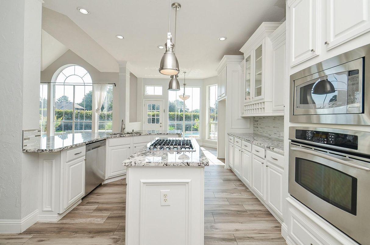 Interior, Kitchen, Pendant Lights, Recessed Lighting, Stainless Steel Appliances, Wood Texture Flooring