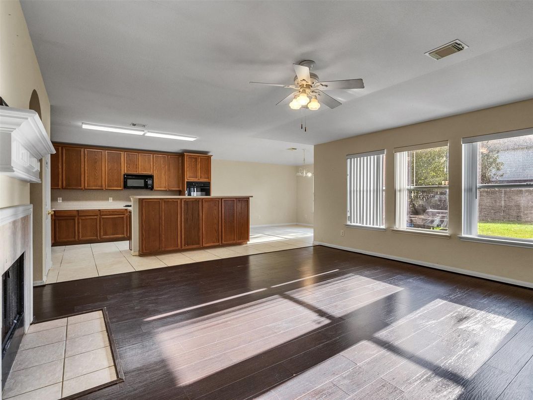 Fireplace, Interior, Kitchen, Pendant Lights, Wood Texture Flooring