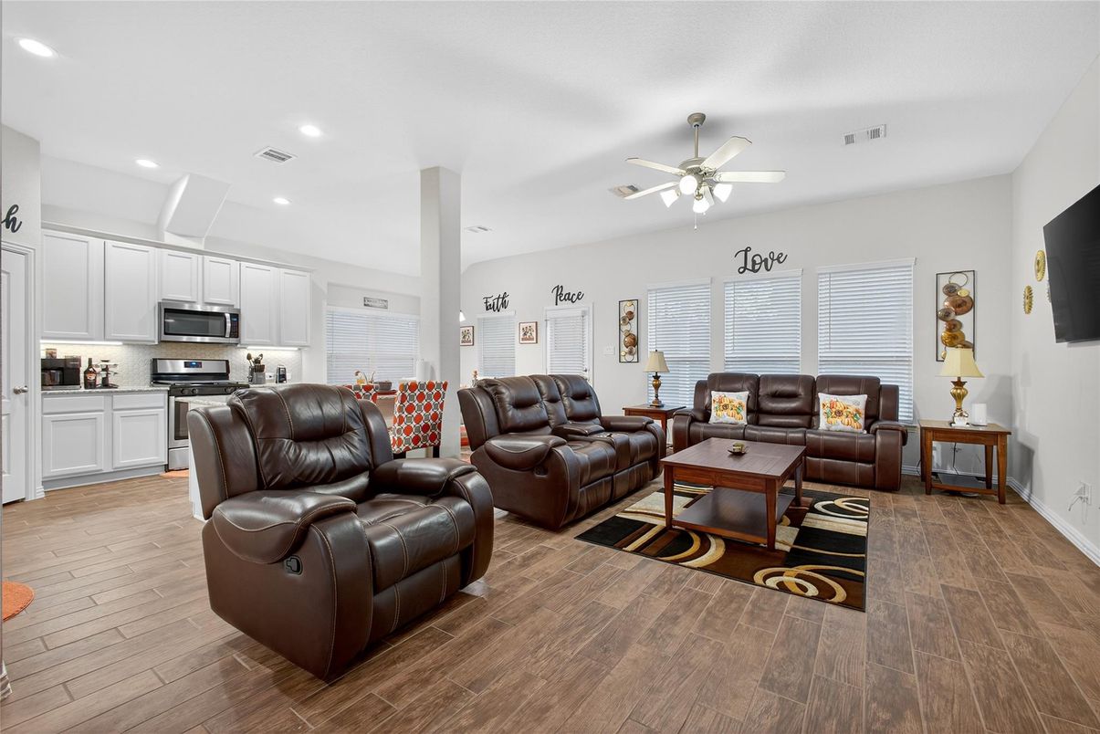 Interior, Kitchen, Living room, Recessed Lighting, Stainless Steel Appliances, Wood Texture Flooring