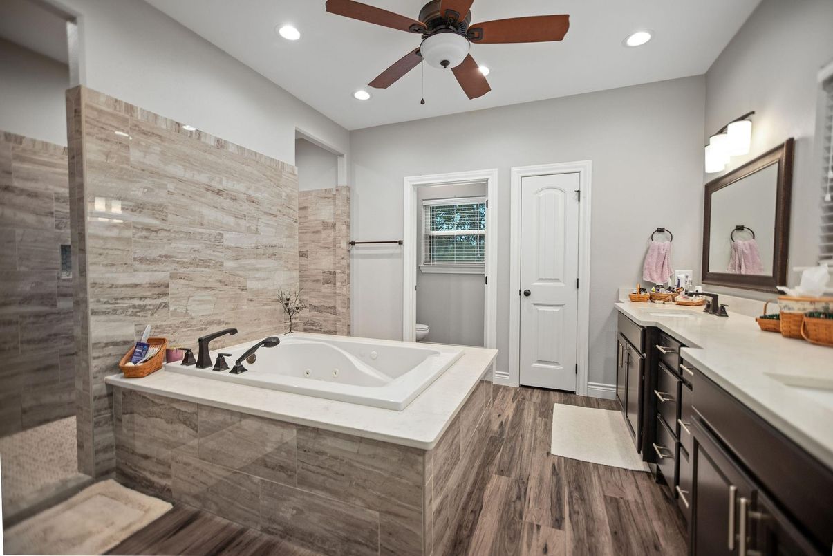 Bathroom, Glass Shower, Interior, Recessed Lighting, Wood Texture Flooring