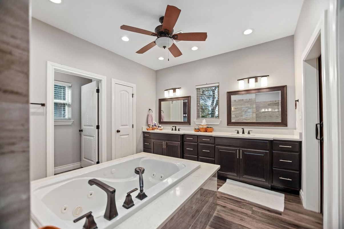 Bathroom, Dual Sink Vanities, Interior, Recessed Lighting, Wood Texture Flooring