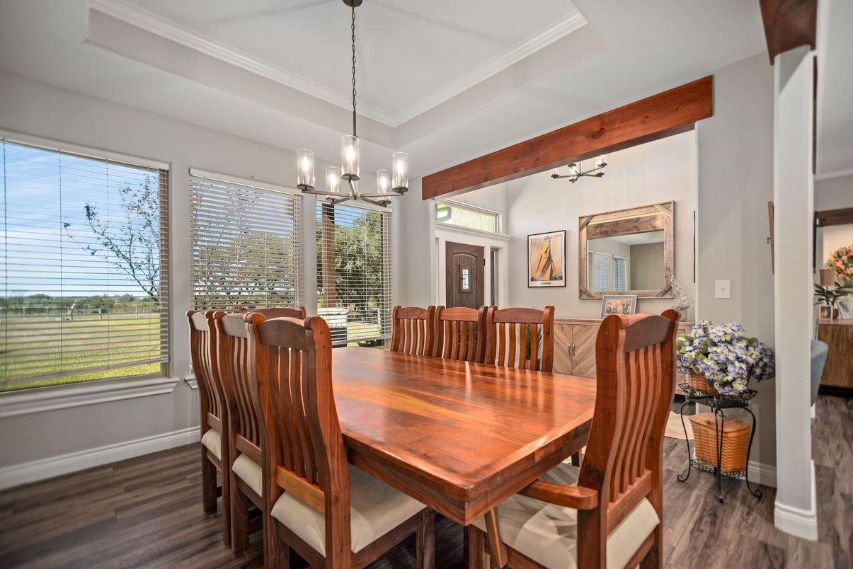 Dining room, Interior, Pendant Lights, Wooden Beams, Wood Texture Flooring