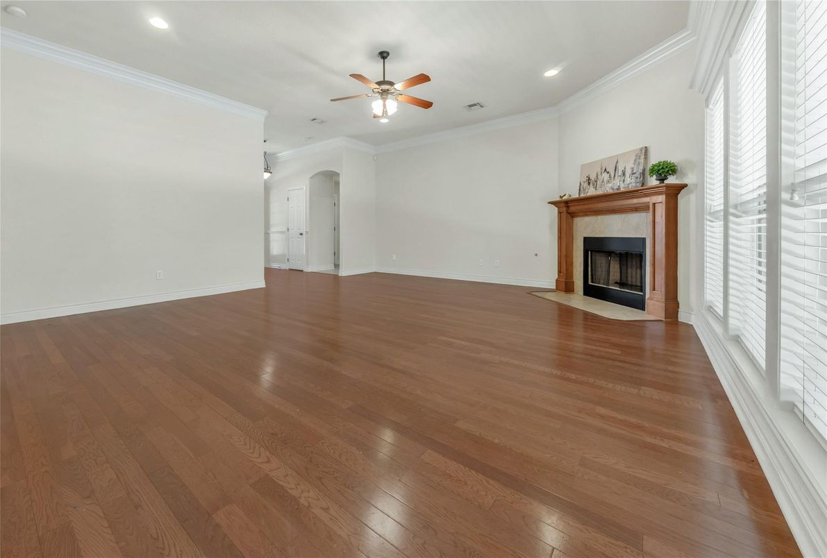 Empty room, Fireplace, Interior, Recessed Lighting, Wood Texture Flooring