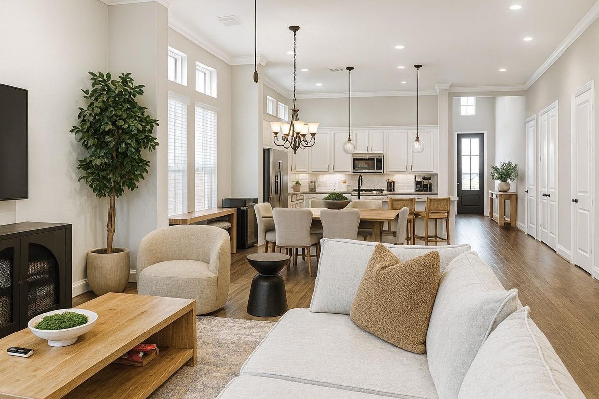 Chandelier, Dining room, Interior, Kitchen, Living room, Pendant Lights, Recessed Lighting, Stainless Steel Appliances, Wood Texture Flooring