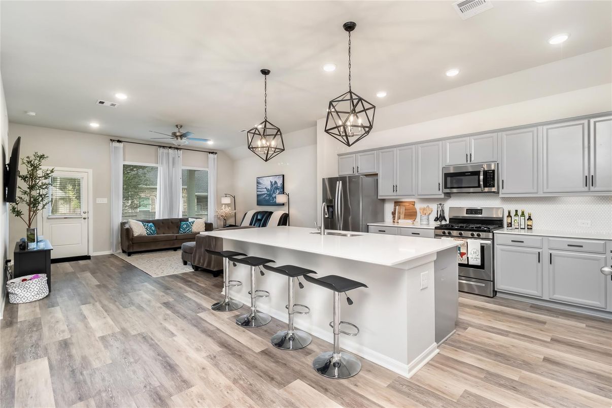 Interior, Kitchen, Living room, Pendant Lights, Recessed Lighting, Stainless Steel Appliances, Wood Texture Flooring