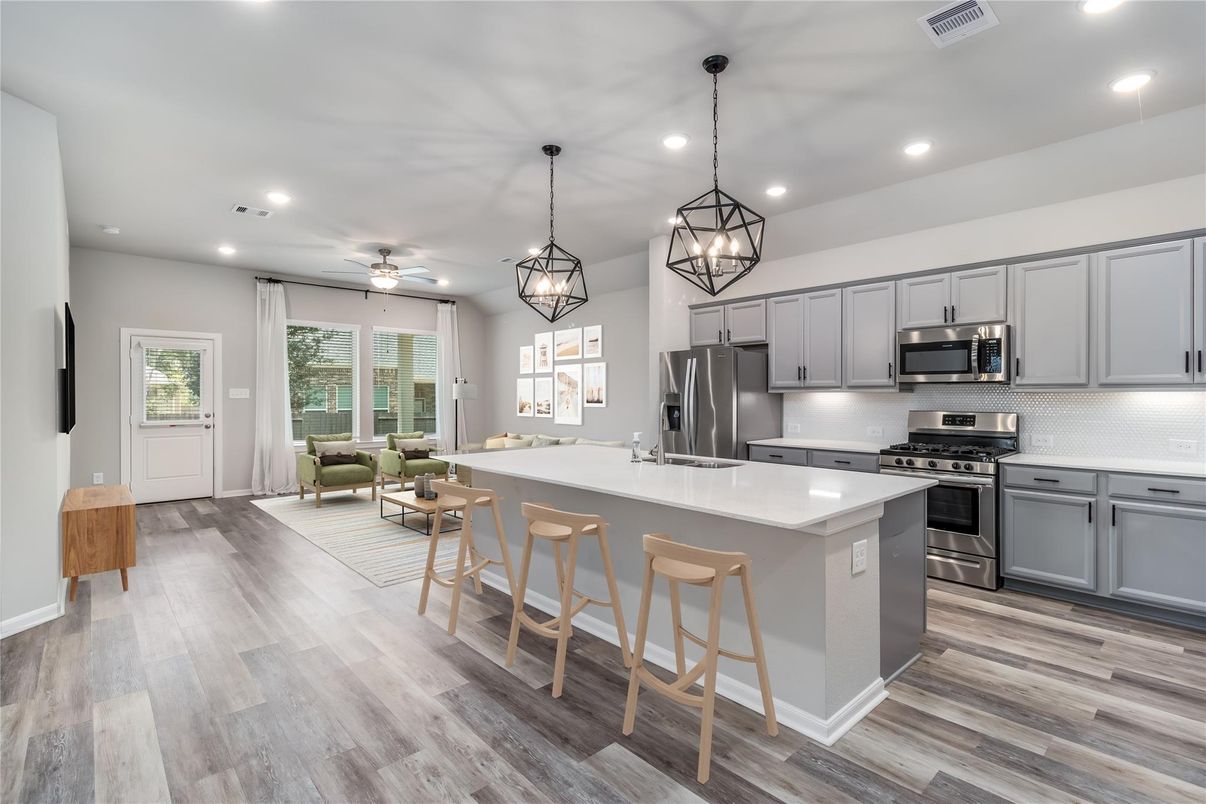 Interior, Kitchen, Pendant Lights, Recessed Lighting, Stainless Steel Appliances, Wood Texture Flooring