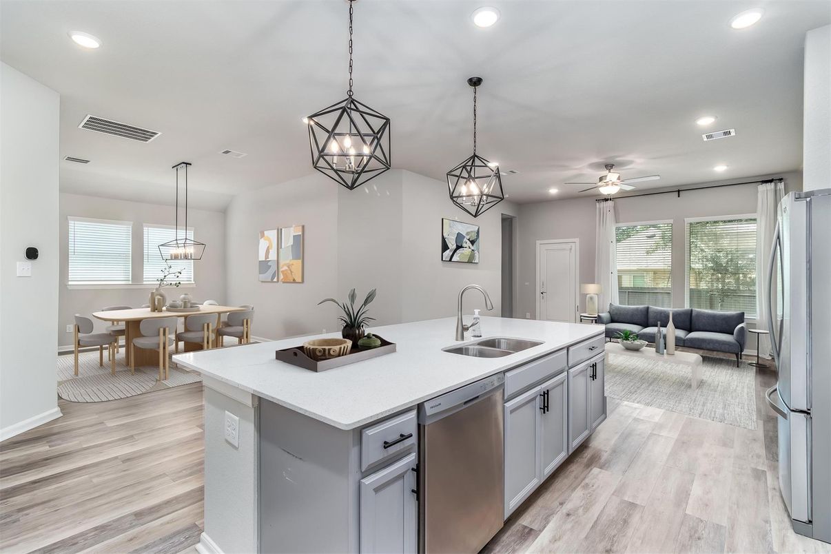 Dining room, Interior, Kitchen, Living room, Pendant Lights, Recessed Lighting, Wood Texture Flooring