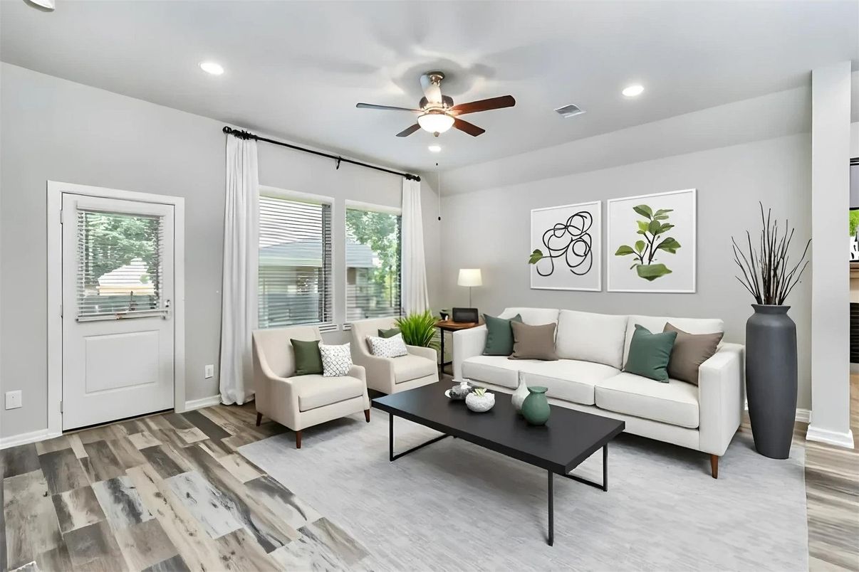 Interior, Living room, Recessed Lighting, Wood Texture Flooring