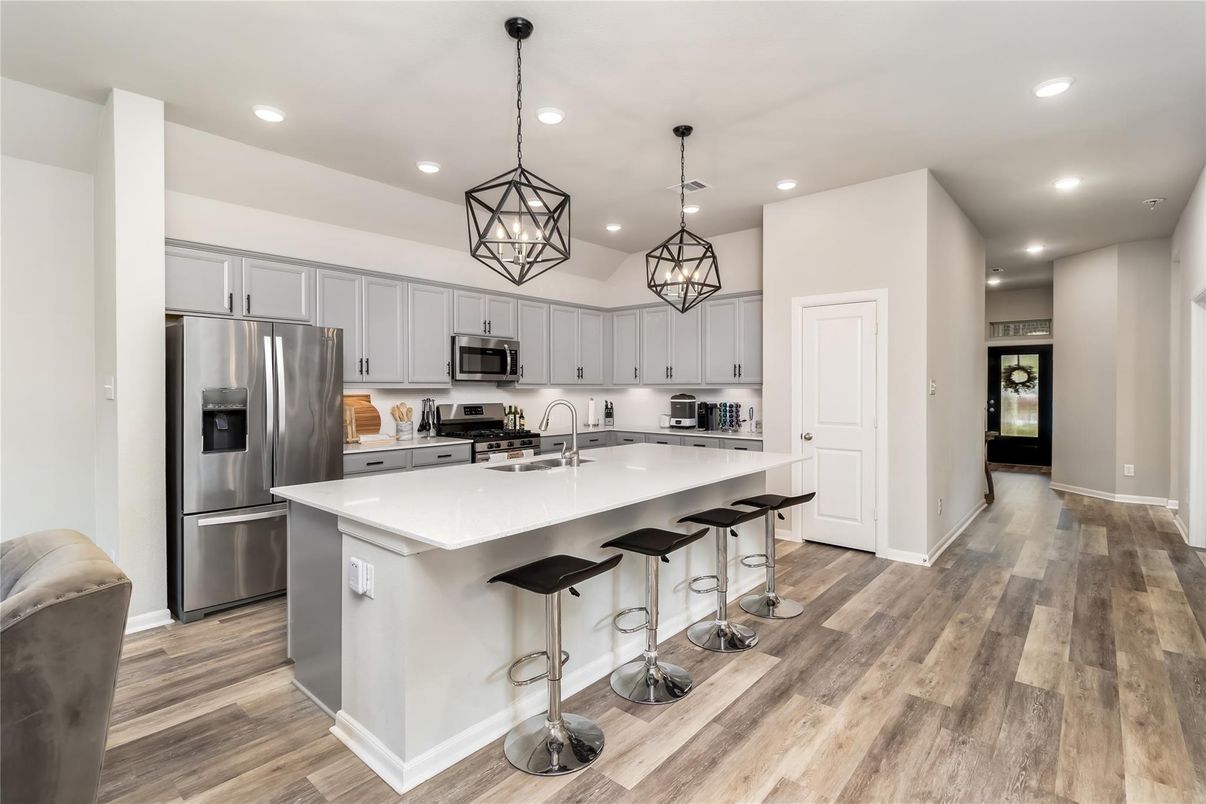 Interior, Kitchen, Pendant Lights, Recessed Lighting, Stainless Steel Appliances, Wood Texture Flooring