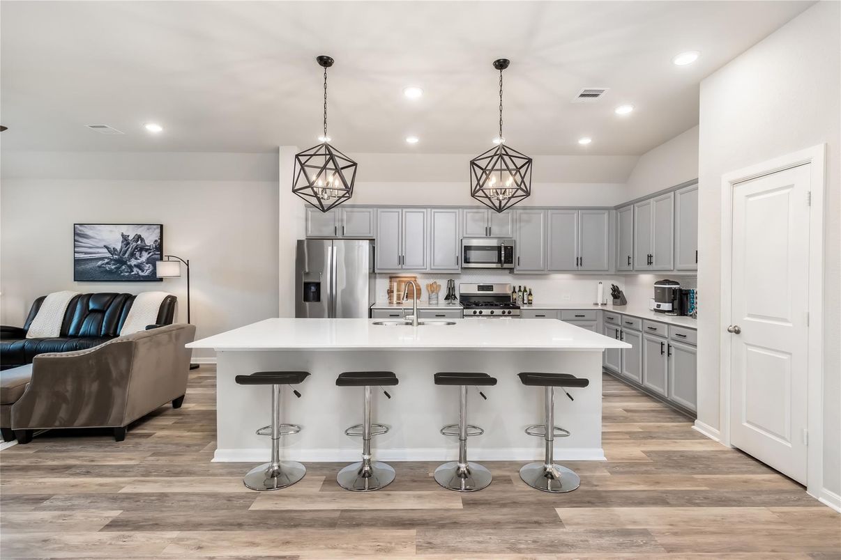 Interior, Kitchen, Pendant Lights, Recessed Lighting, Stainless Steel Appliances, Wood Texture Flooring