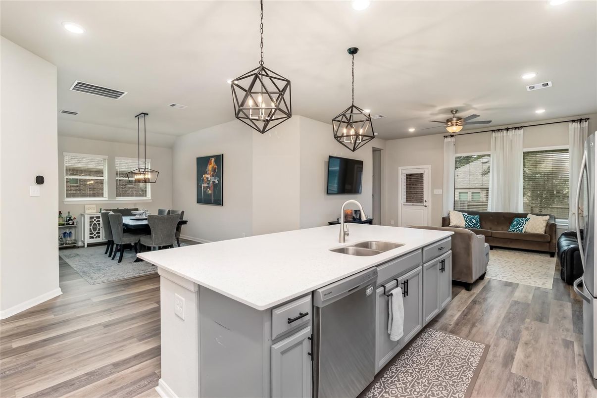 Dining room, Interior, Kitchen, Living room, Pendant Lights, Recessed Lighting, Wood Texture Flooring