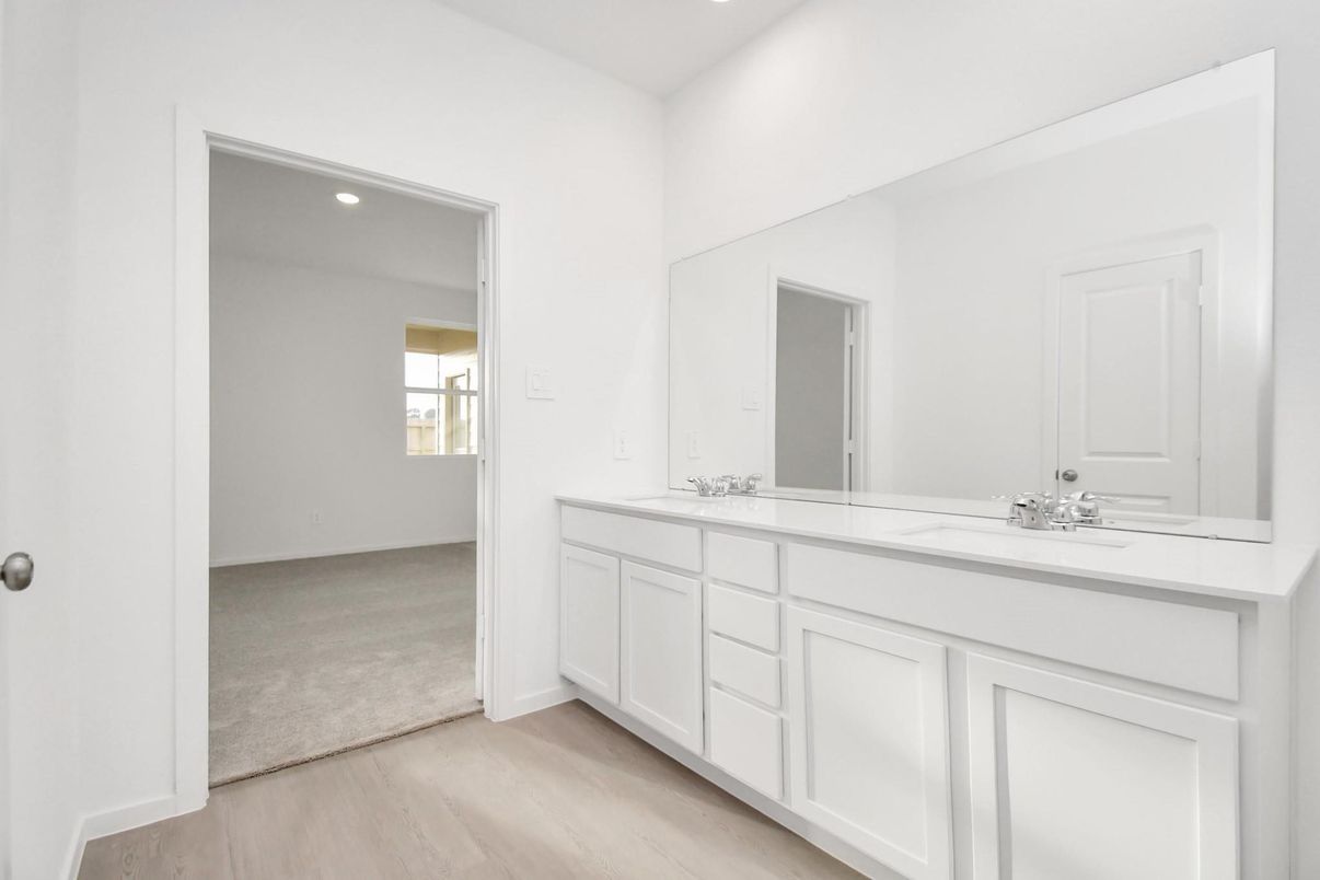 Bathroom, Dual Sink Vanities, Interior, Recessed Lighting, Wood Texture Flooring