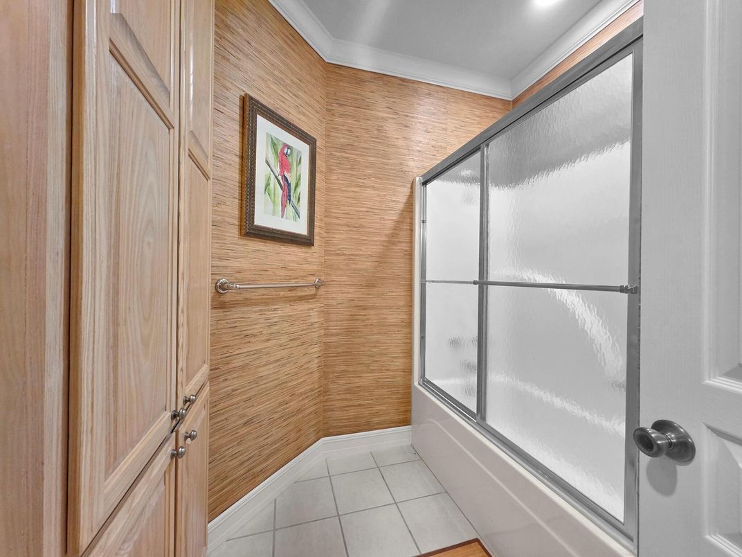 Bathroom, Glass Shower, Interior, Recessed Lighting, Wooden Walls