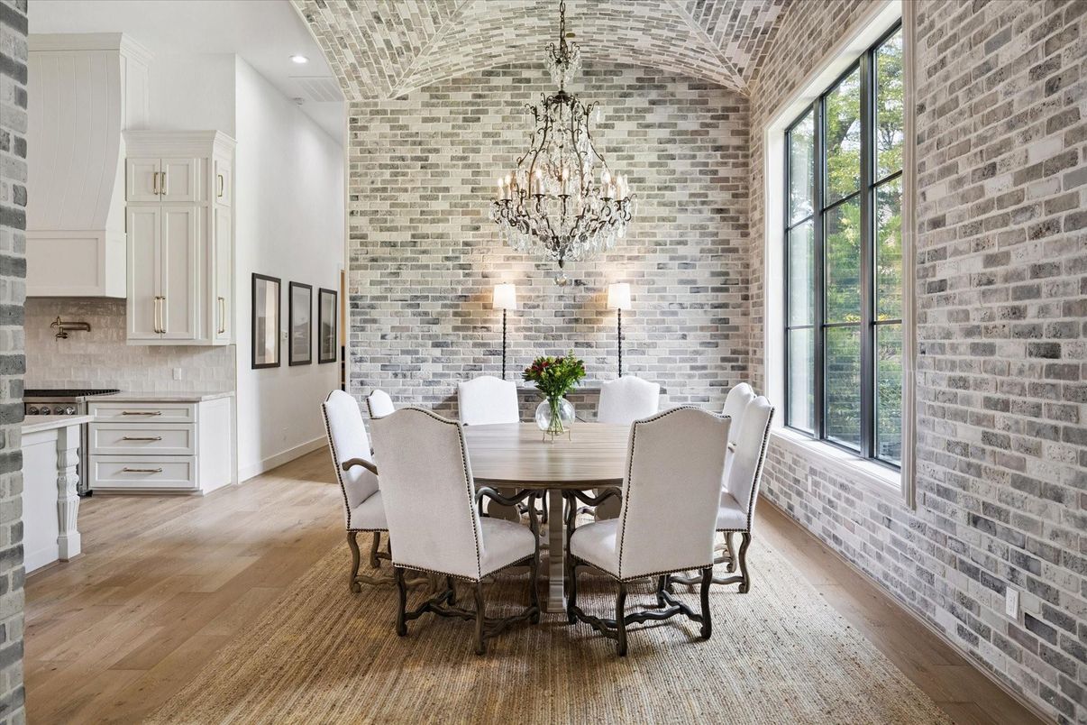 Chandelier, Dining room, Interior, Recessed Lighting, Stone Walls, Wood Texture Flooring