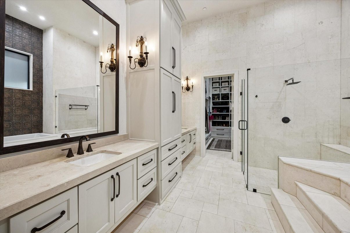 Bathroom, Dual Sink Vanities, Glass Shower, Interior, Recessed Lighting