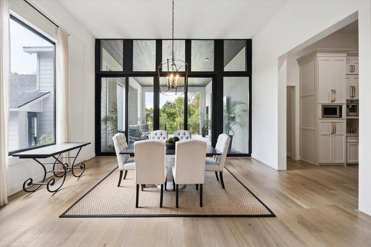 Dining room, Interior, Pendant Lights, Wood Texture Flooring
