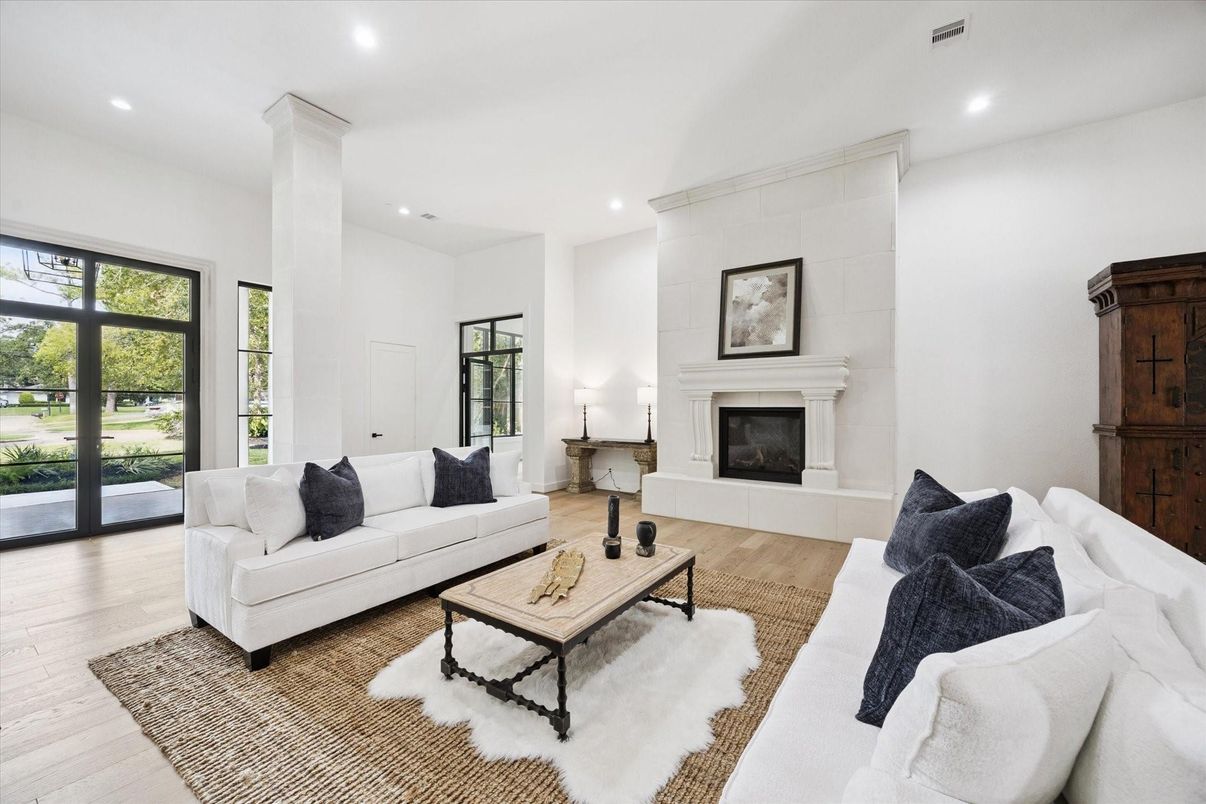 Fireplace, Interior, Living room, Recessed Lighting, Wood Texture Flooring