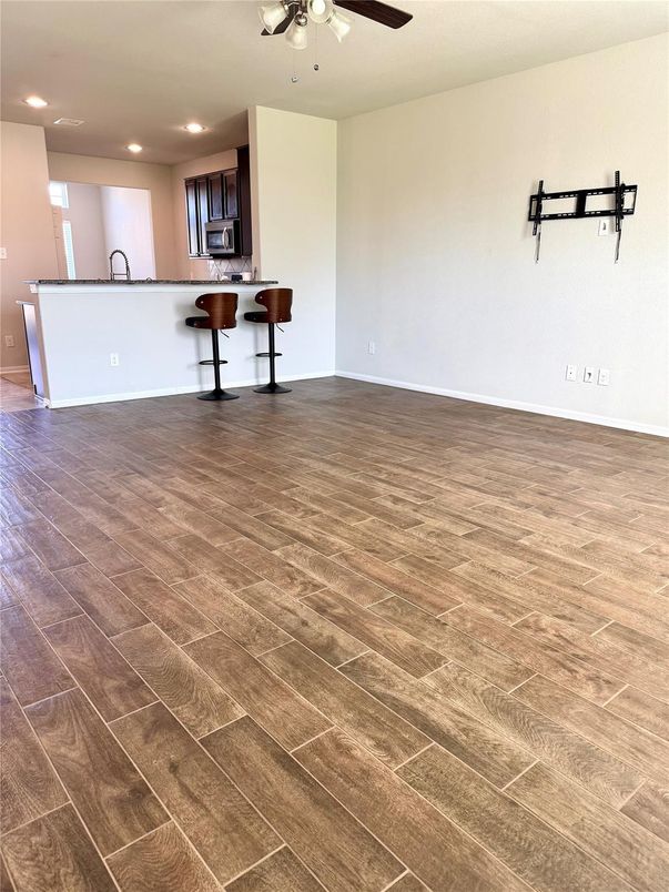 Empty room, Interior, Kitchen, Recessed Lighting, Wood Texture Flooring