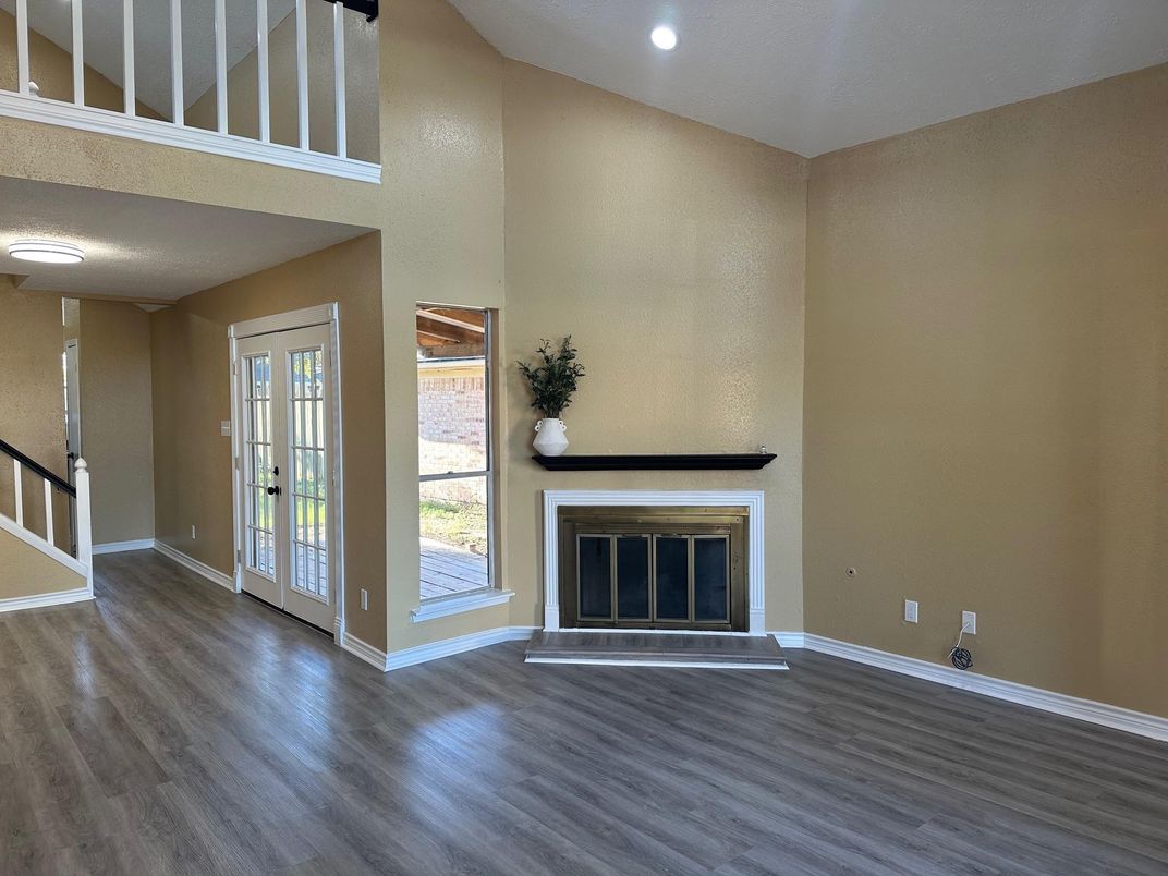 Empty room, Fireplace, Interior, Recessed Lighting, Wood Texture Flooring