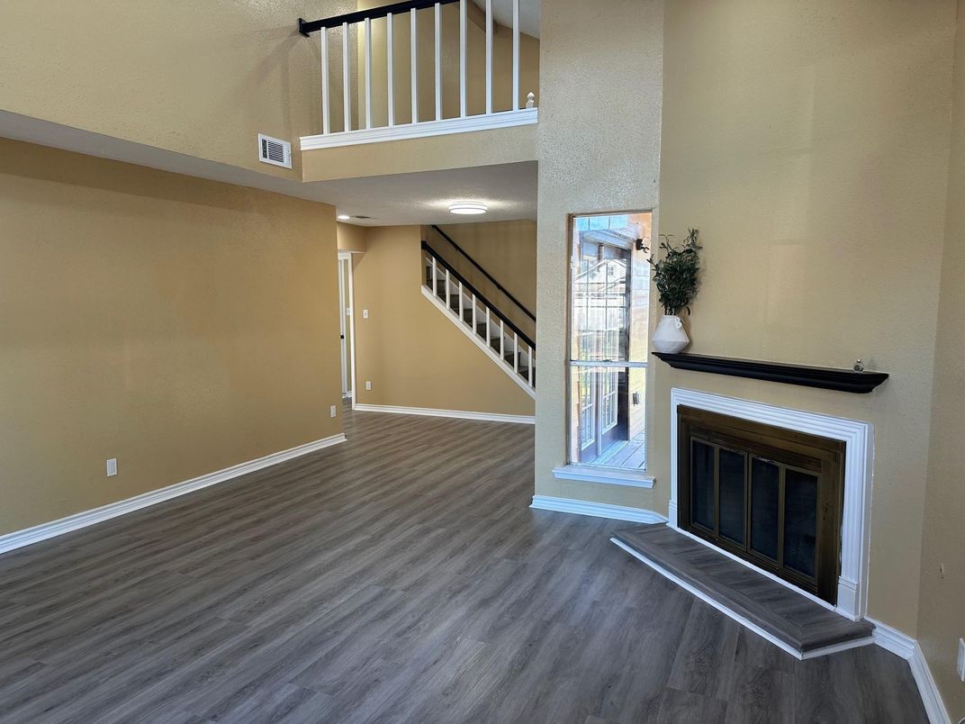 Fireplace, Interior, Recessed Lighting, Wood Texture Flooring