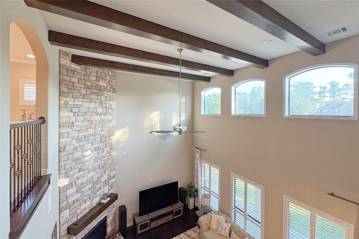 Interior, Recessed Lighting, Stone Walls, Wooden Beams