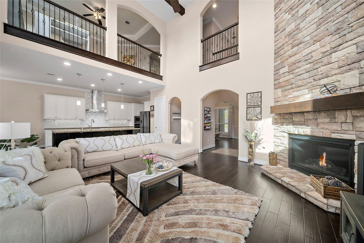 Fireplace, Interior, Kitchen, Living room, Pendant Lights, Recessed Lighting, Stone Walls, Wooden Beams, Wood Texture Flooring