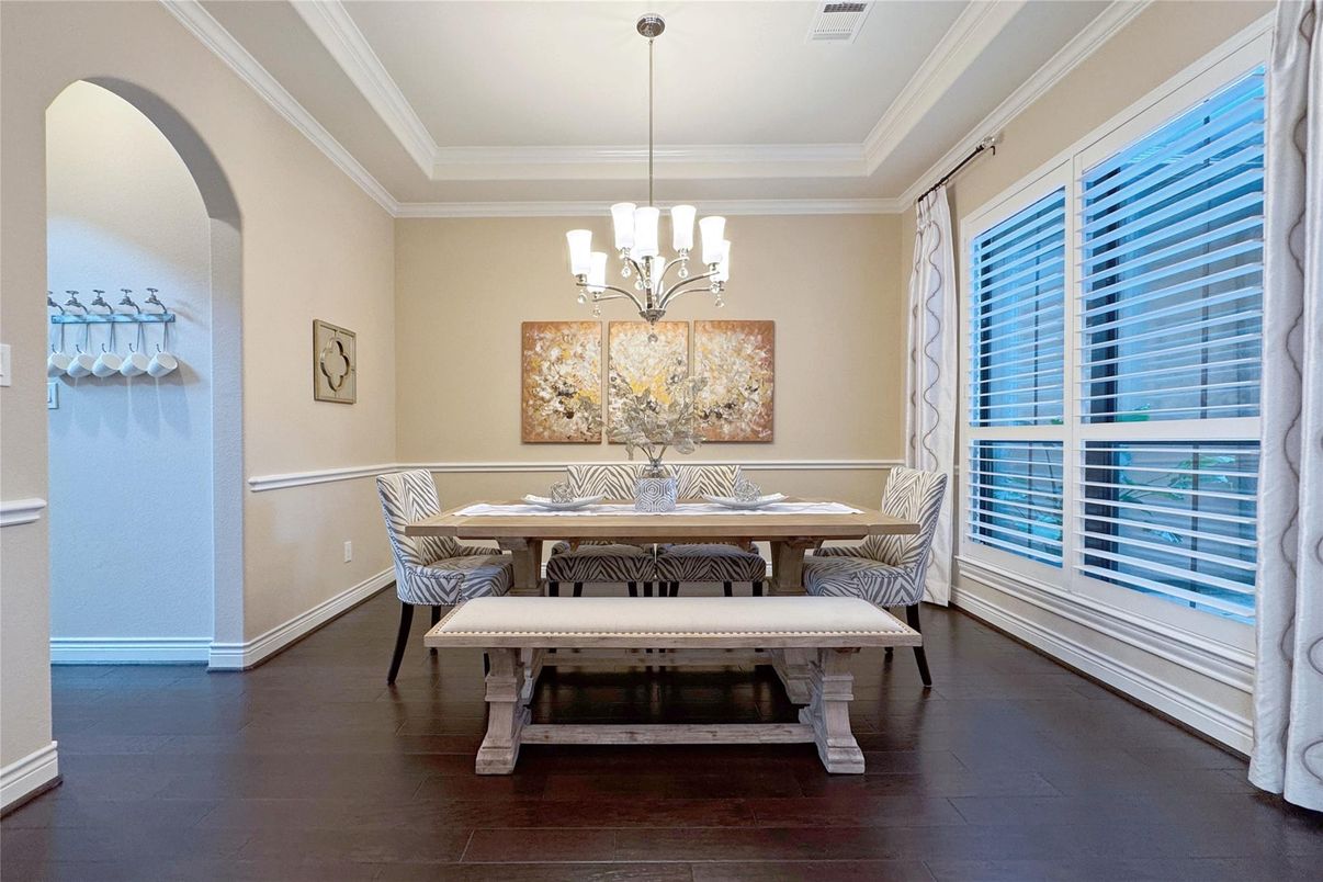 Chandelier, Dining room, Interior, Wood Texture Flooring