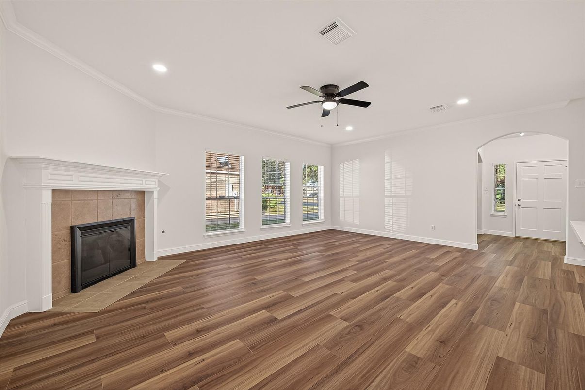 Empty room, Fireplace, Interior, Recessed Lighting, Wood Texture Flooring
