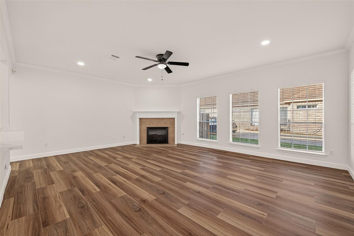 Empty room, Fireplace, Interior, Recessed Lighting, Wood Texture Flooring