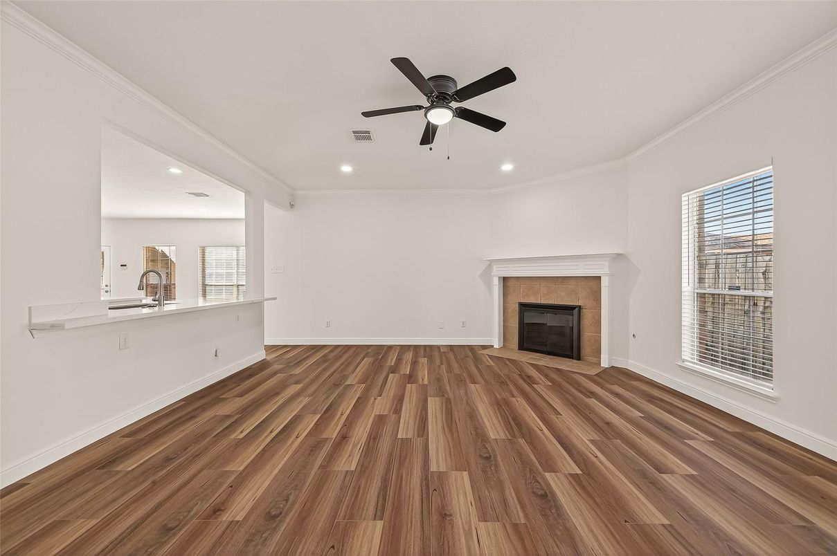 Empty room, Fireplace, Interior, Recessed Lighting, Wood Texture Flooring