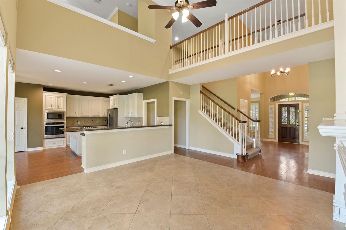 Chandelier, Interior, Kitchen, Recessed Lighting, Stainless Steel Appliances, Wood Texture Flooring