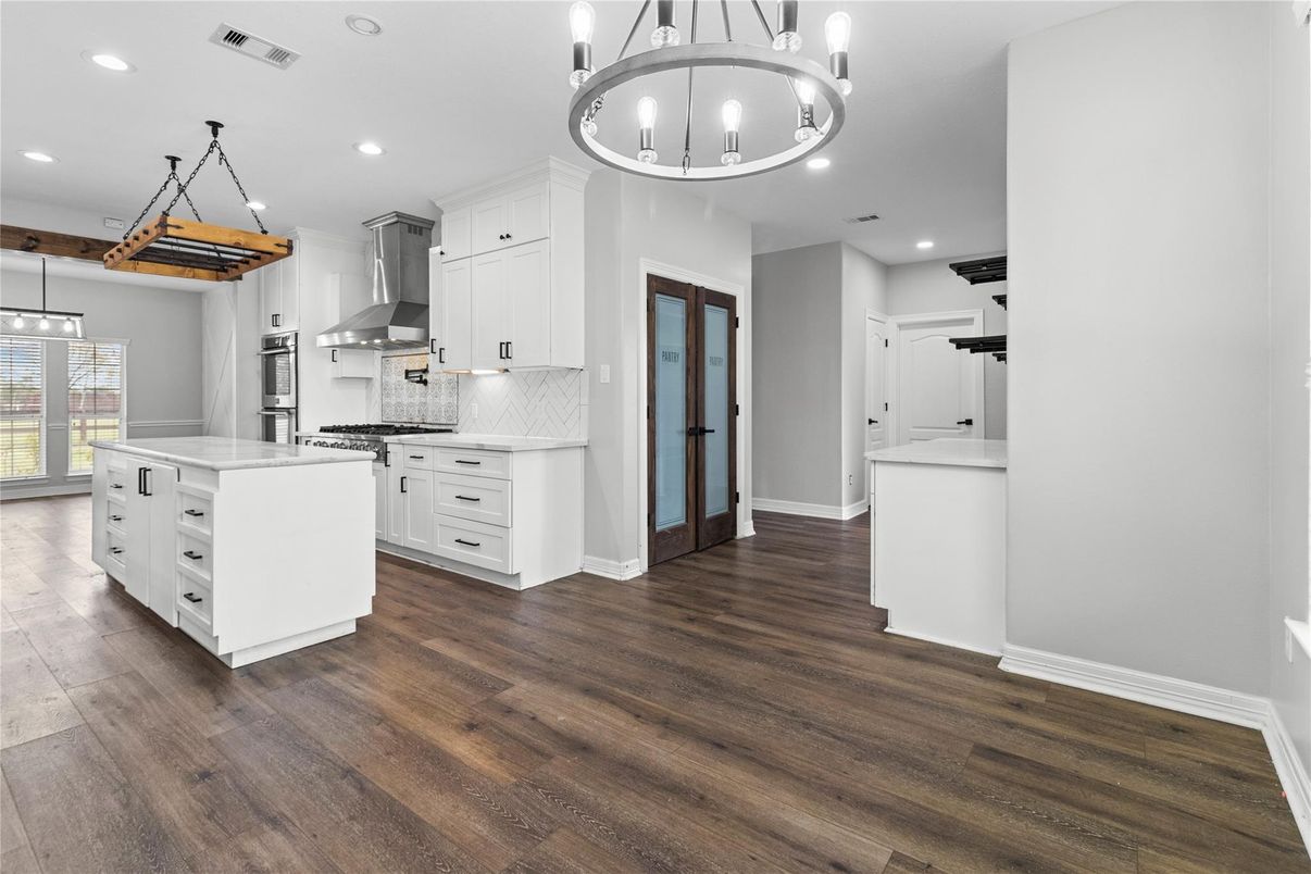 Interior, Kitchen, Pendant Lights, Recessed Lighting, Stainless Steel Appliances, Wood Texture Flooring