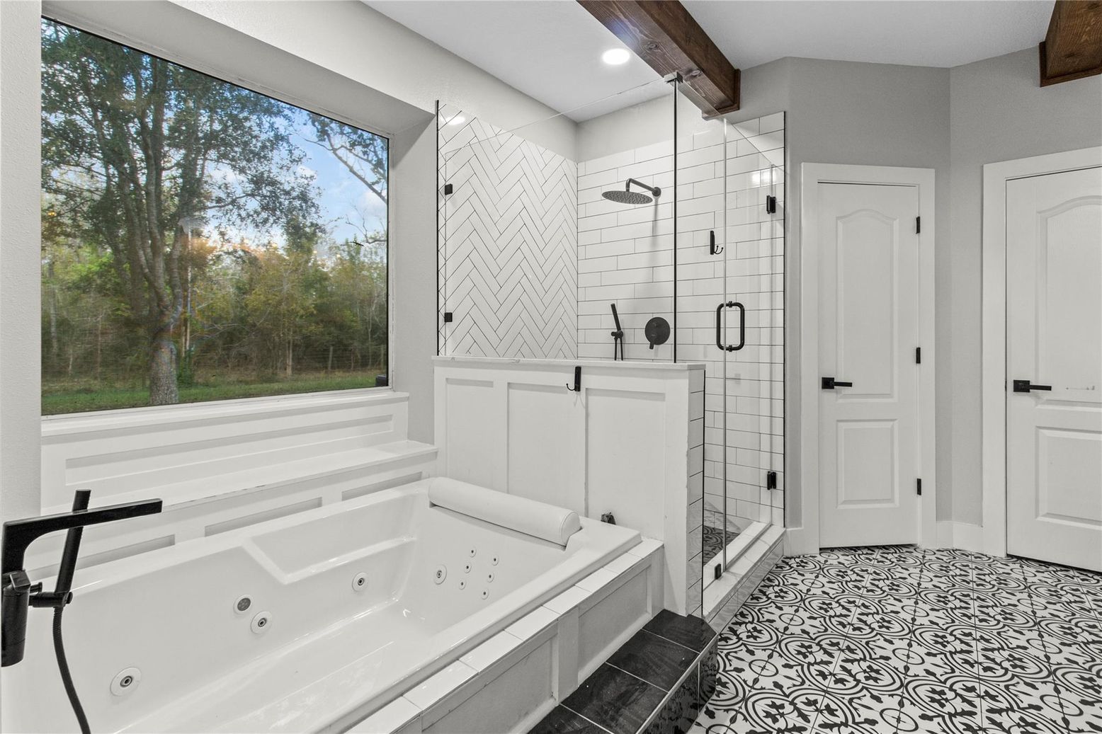 Bathroom, Glass Shower, Interior, Recessed Lighting, Wooden Beams