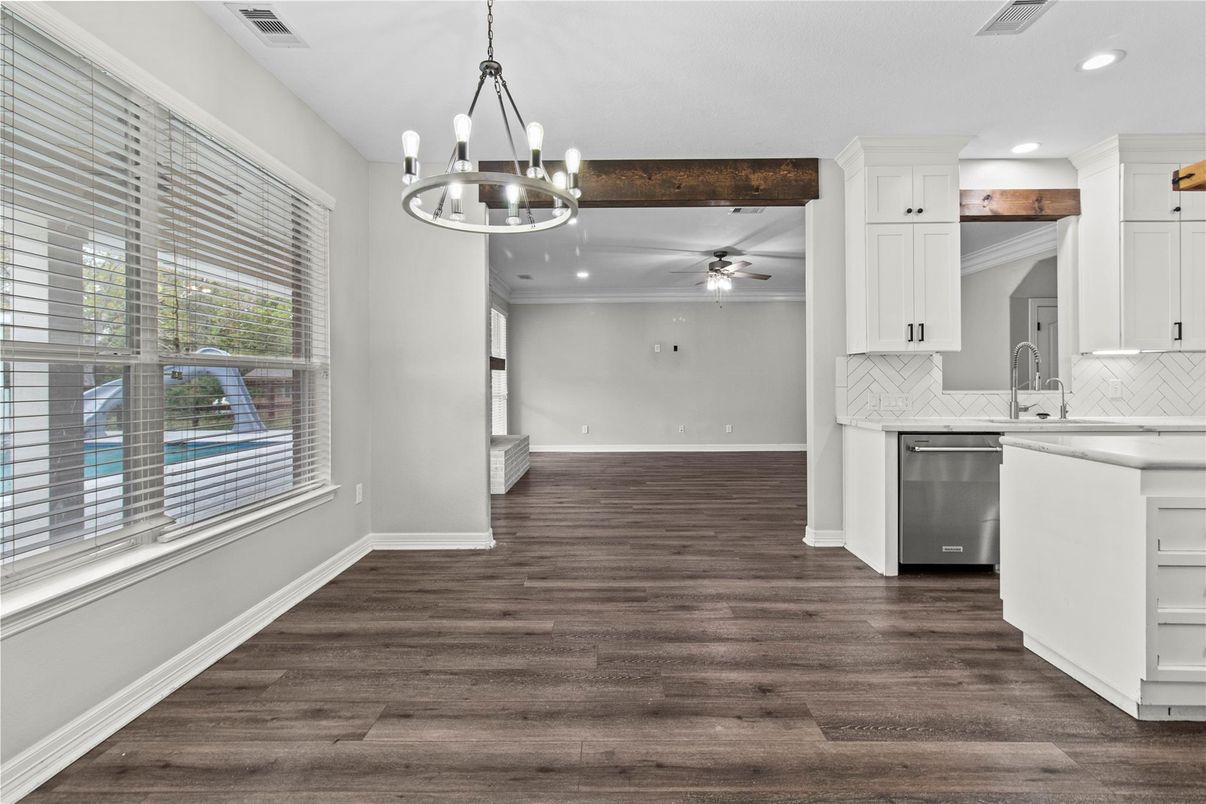 Chandelier, Interior, Kitchen, Pendant Lights, Recessed Lighting, Wood Texture Flooring
