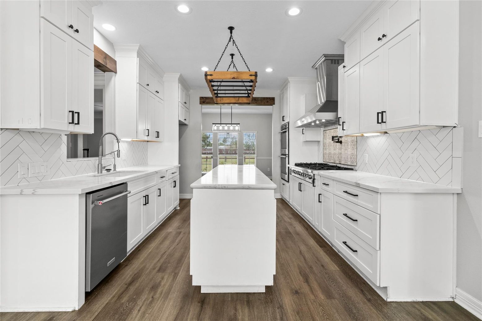 Interior, Kitchen, Pendant Lights, Recessed Lighting, Stainless Steel Appliances, Wood Texture Flooring