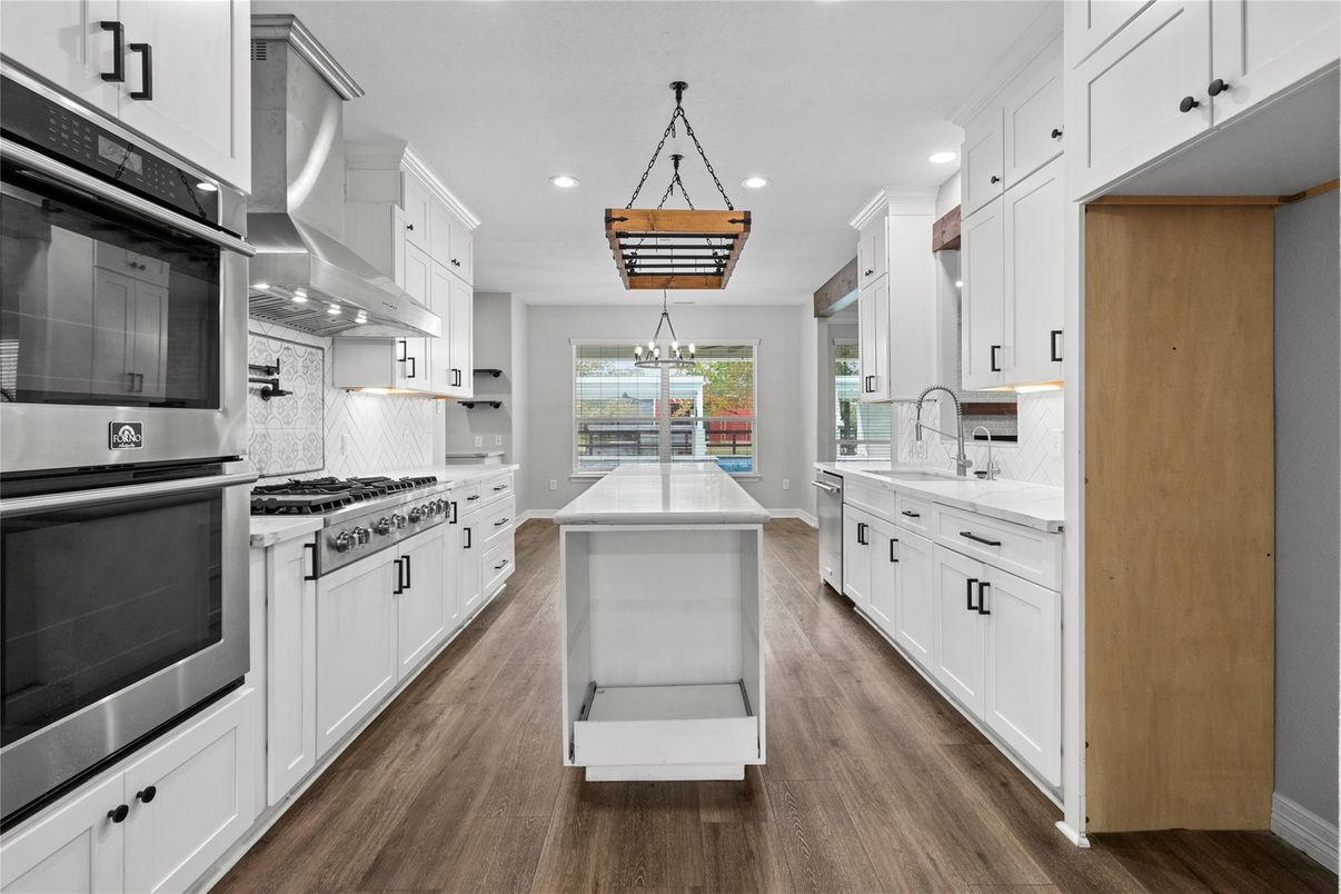 Interior, Kitchen, Pendant Lights, Recessed Lighting, Stainless Steel Appliances, Wood Texture Flooring