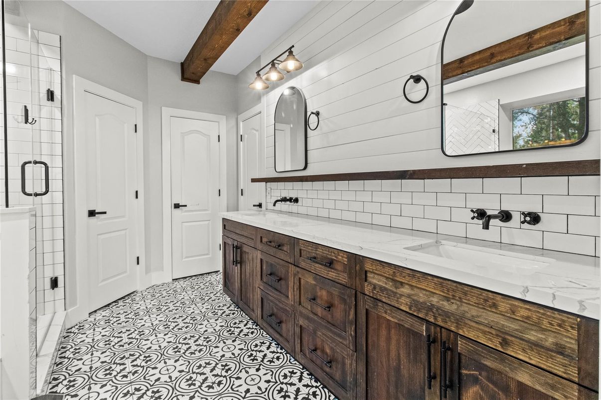 Bathroom, Dual Sink Vanities, Interior, Wooden Beams