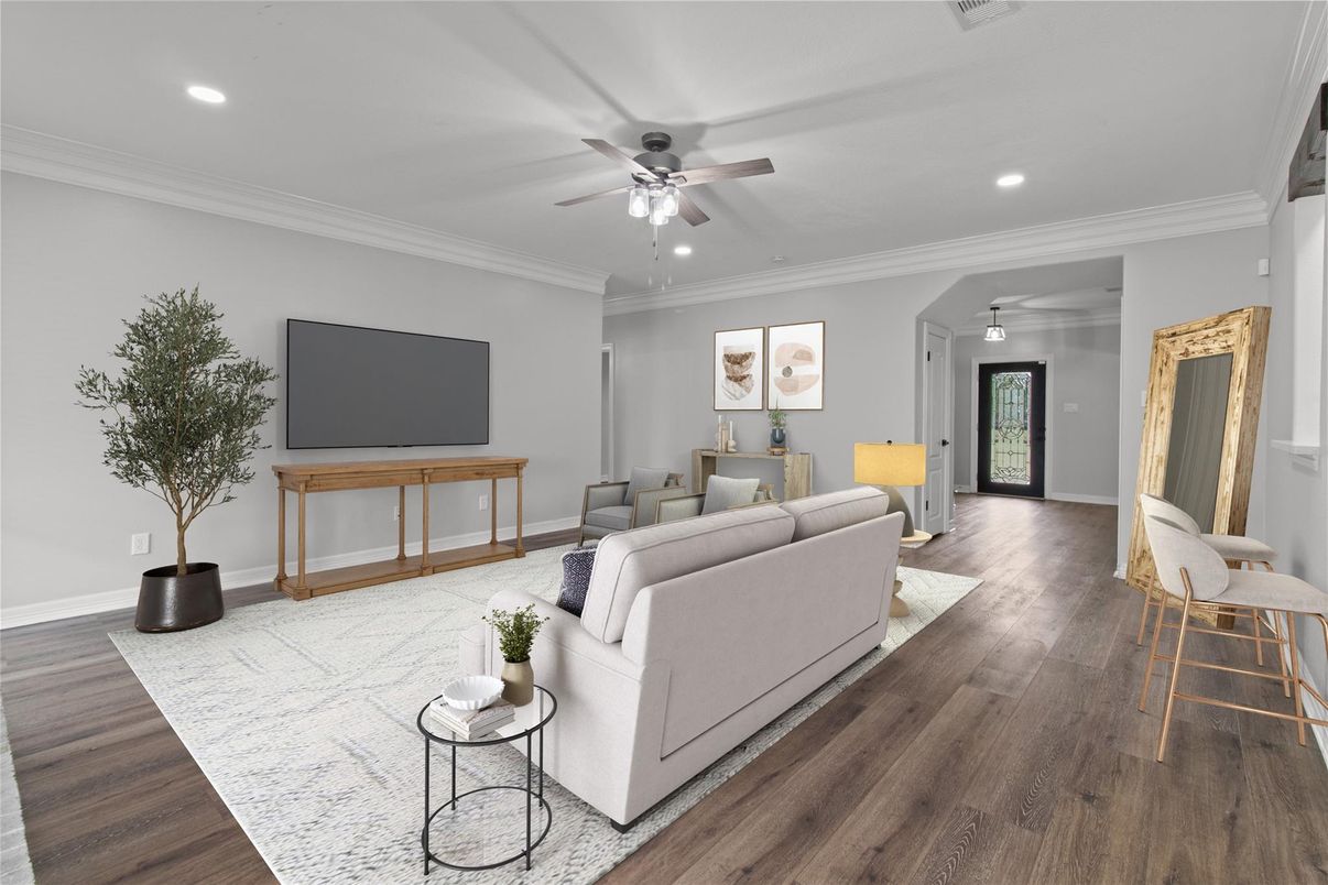 Interior, Living room, Recessed Lighting, Wood Texture Flooring