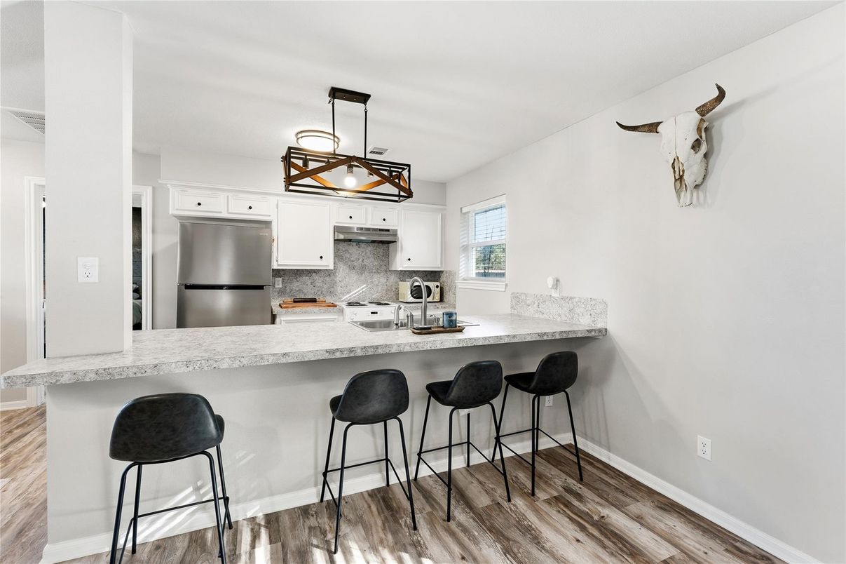 Interior, Kitchen, Pendant Lights, Stainless Steel Appliances, Wood Texture Flooring