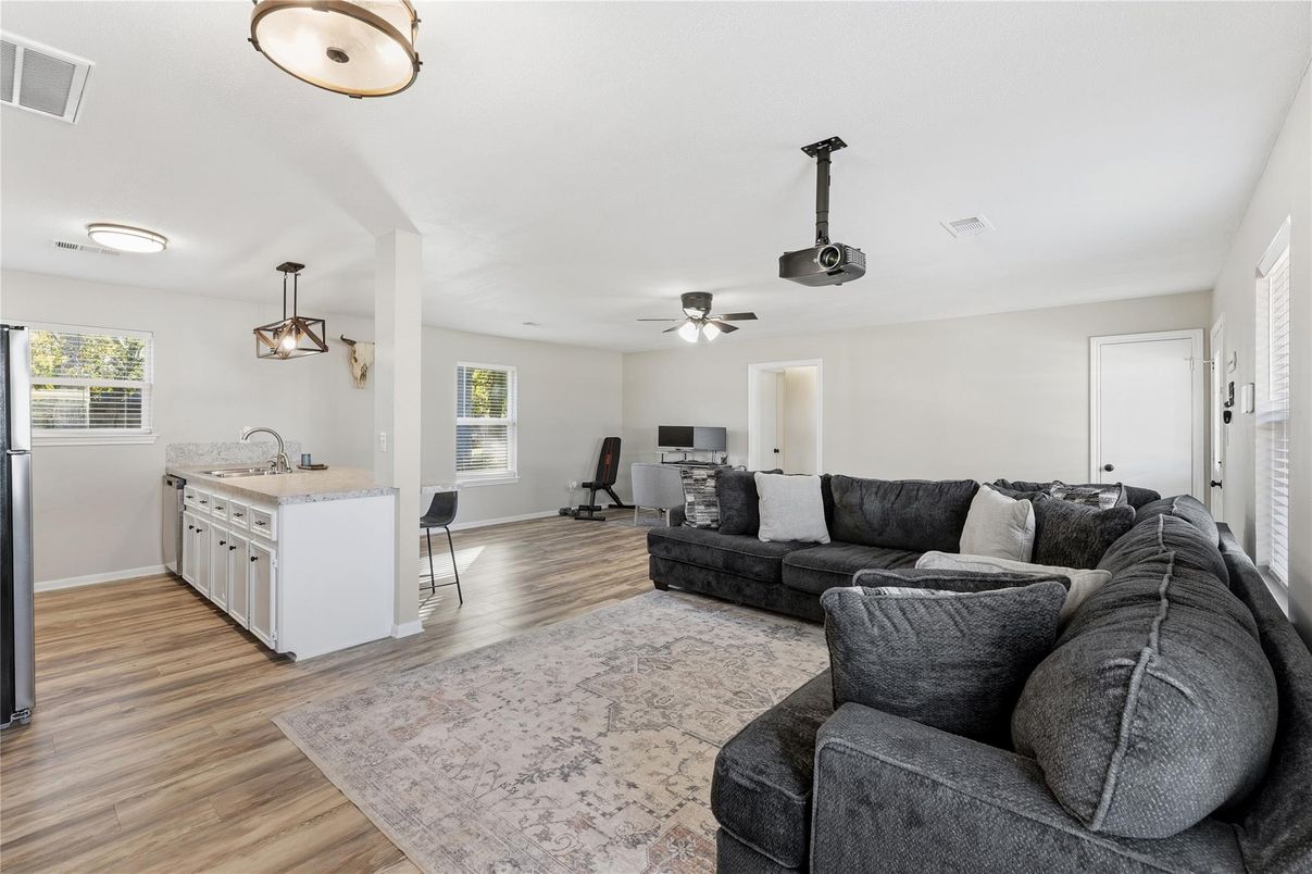Dining room, Interior, Kitchen, Living room, Pendant Lights, Wood Texture Flooring