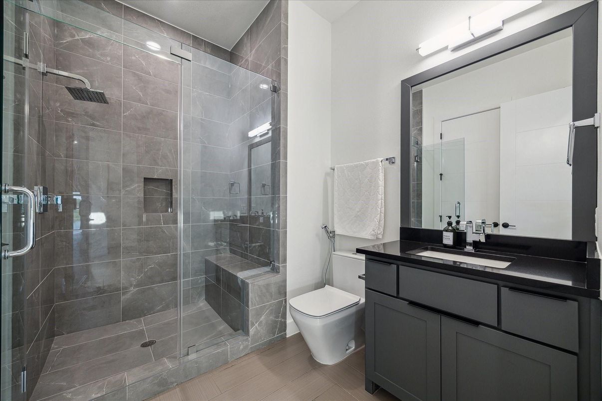 Bathroom, Glass Shower, Interior, Wood Texture Flooring