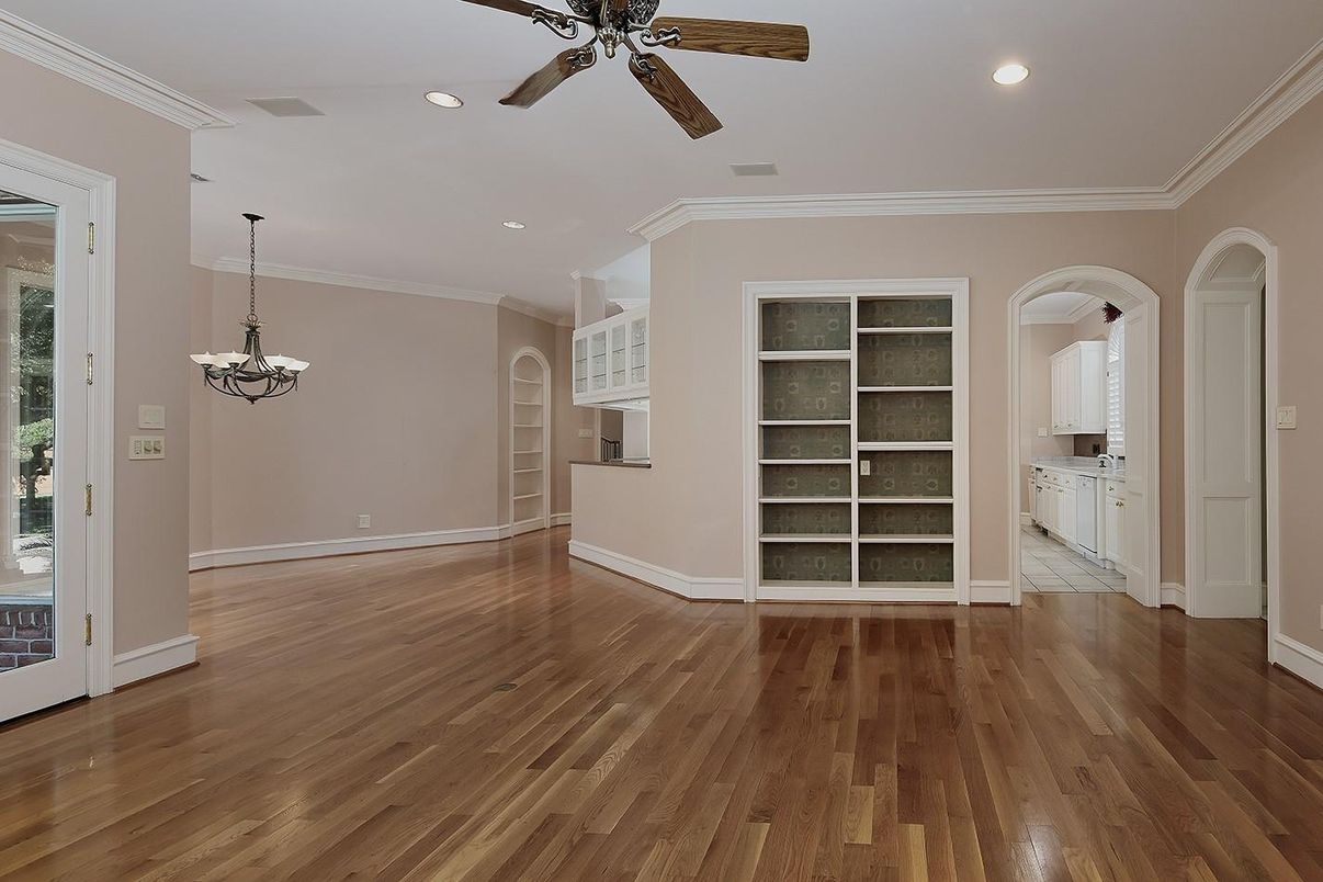Chandelier, Empty room, Interior, Recessed Lighting, Wood Texture Flooring