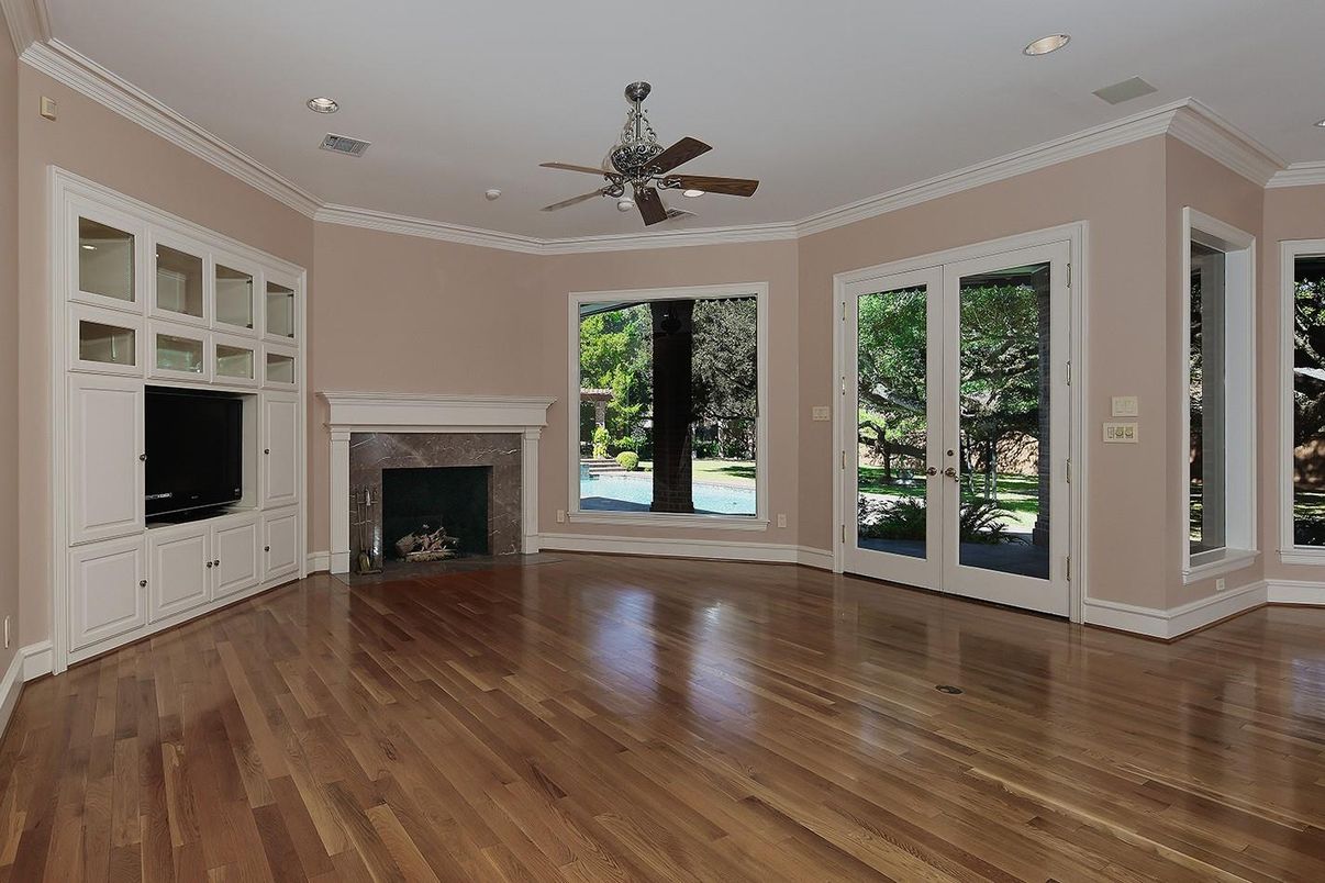 Empty room, Fireplace, Interior, Recessed Lighting, Wood Texture Flooring