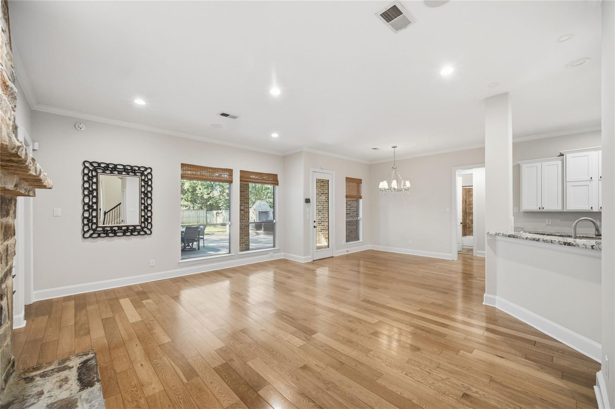 Chandelier, Empty room, Interior, Kitchen, Recessed Lighting, Wood Texture Flooring