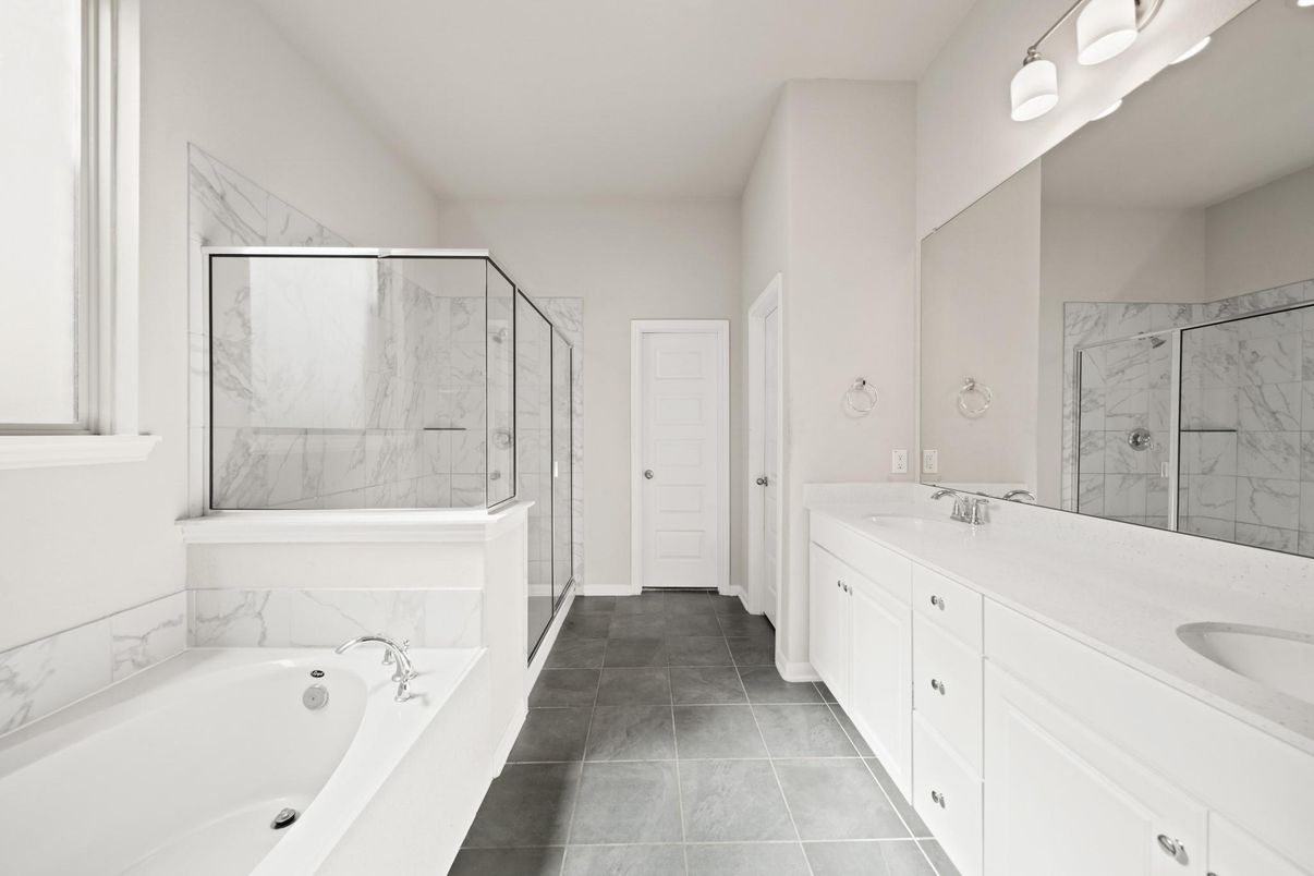 Bathroom, Dual Sink Vanities, Glass Shower, Interior, Marble Walls