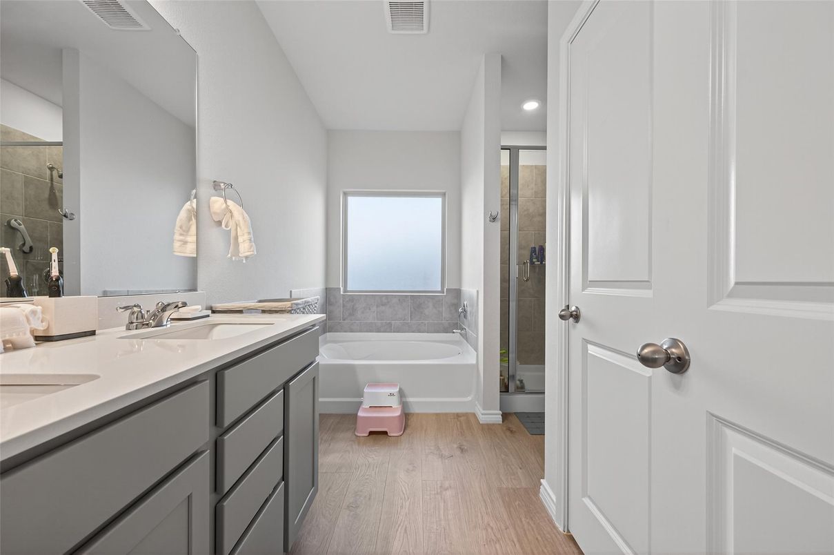Bathroom, Dual Sink Vanities, Interior, Recessed Lighting, Wood Texture Flooring